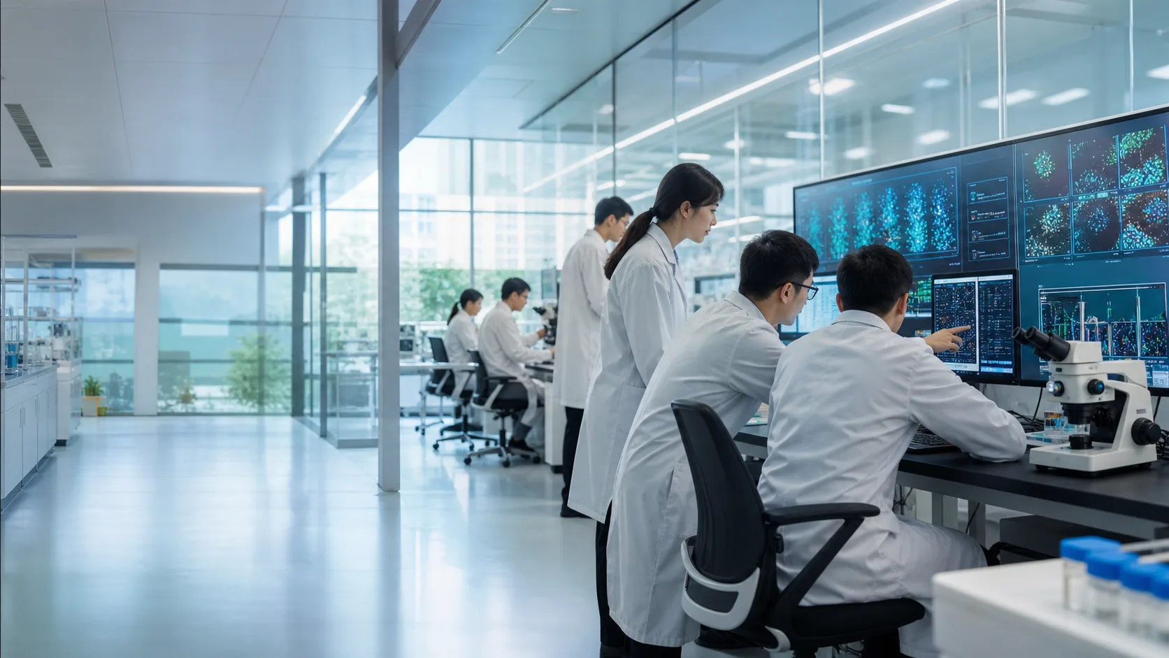 医学研究人员在现代实验中心协作